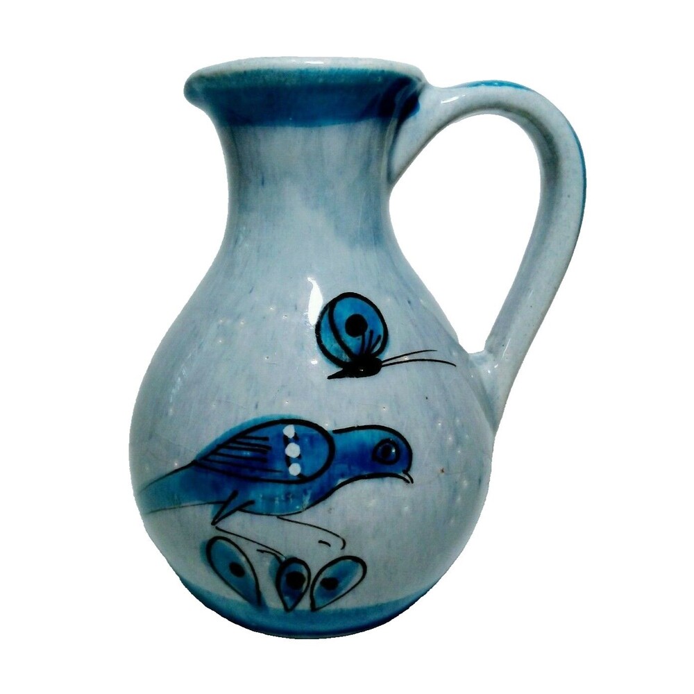 Vintage Tonala Pottery 6" Pitcher Vase Blue Gray Bird Butterfly SIGNED